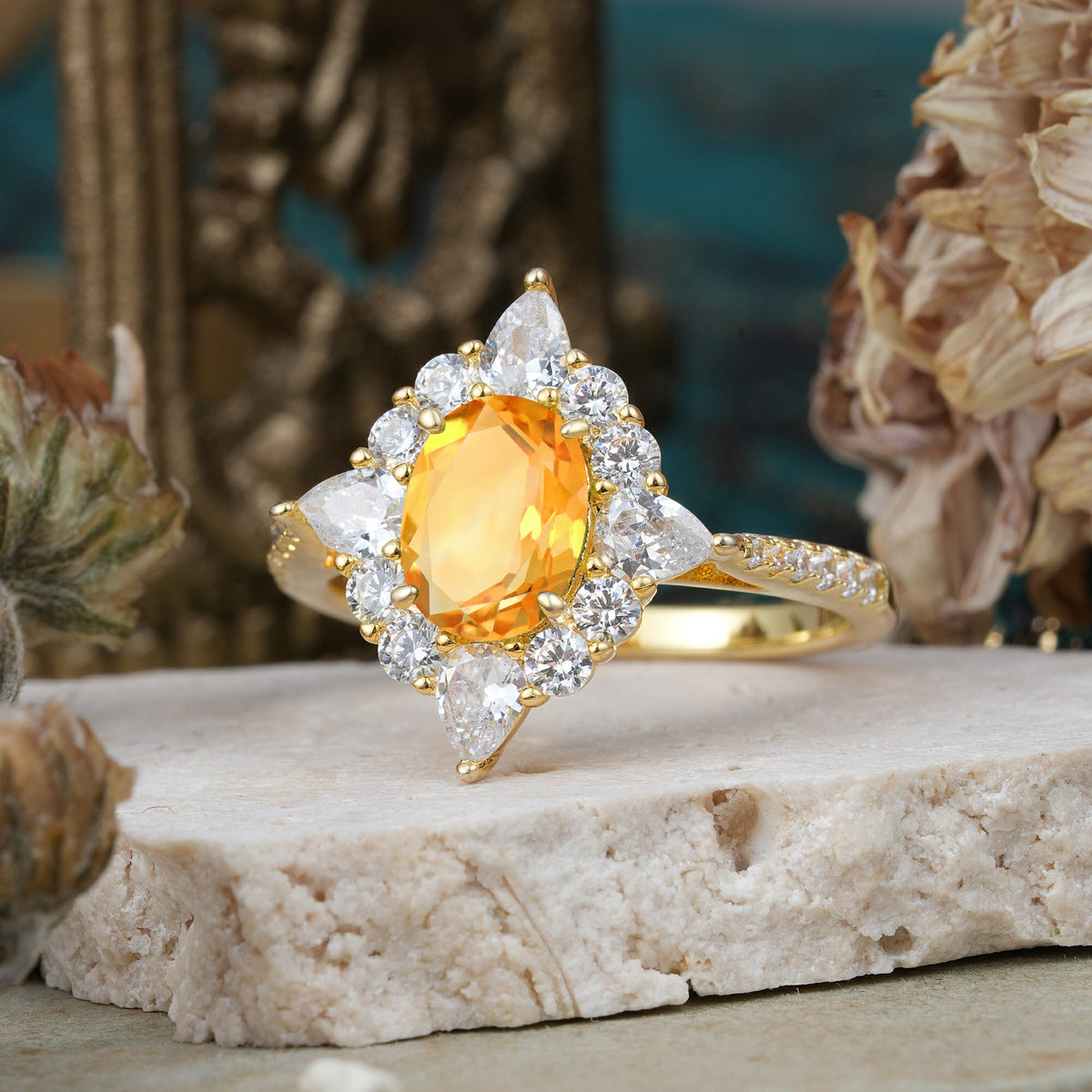 Luxury Oval Cut Halo Pavé Citrine Engagement Ring