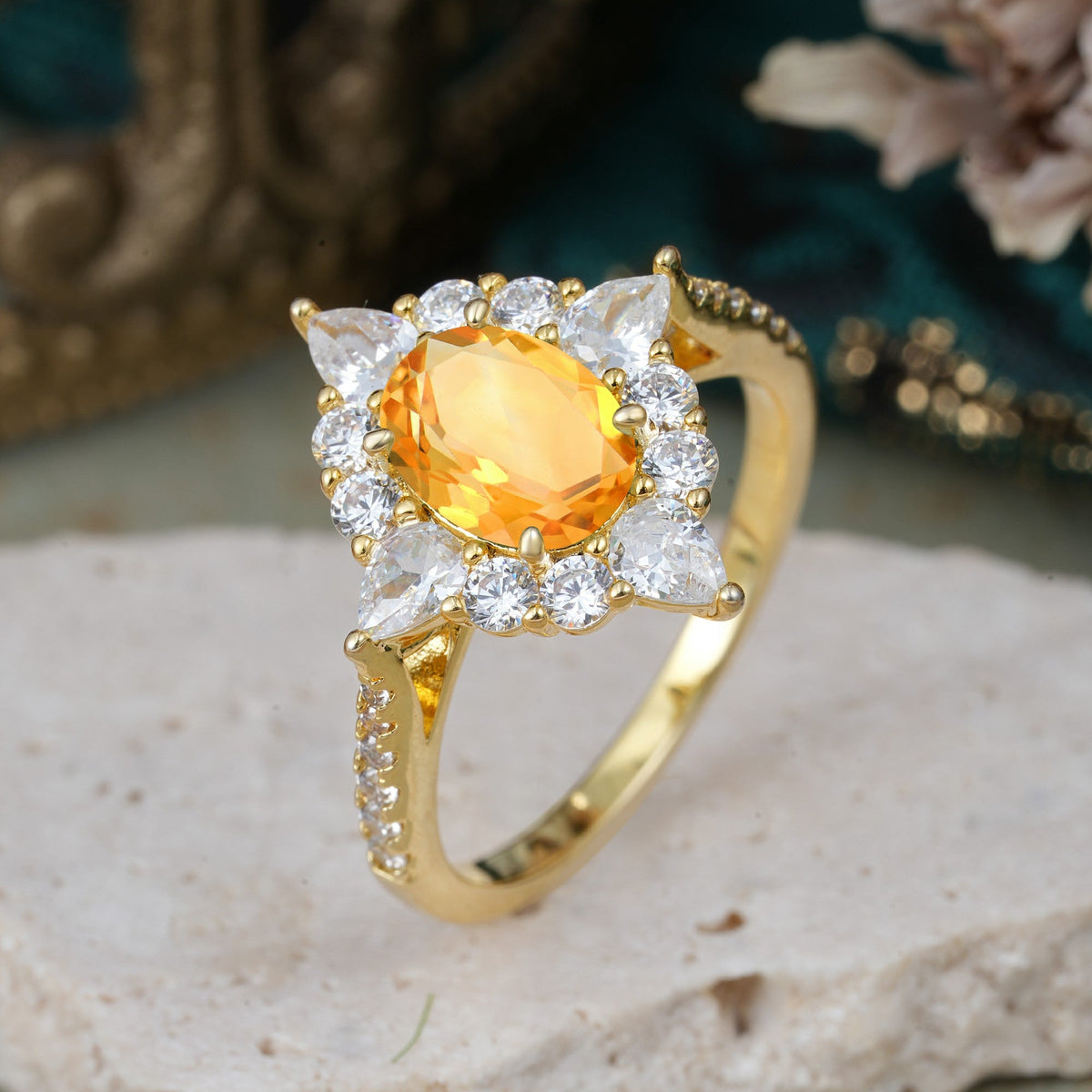 Luxury Oval Cut Halo Pavé Citrine Engagement Ring