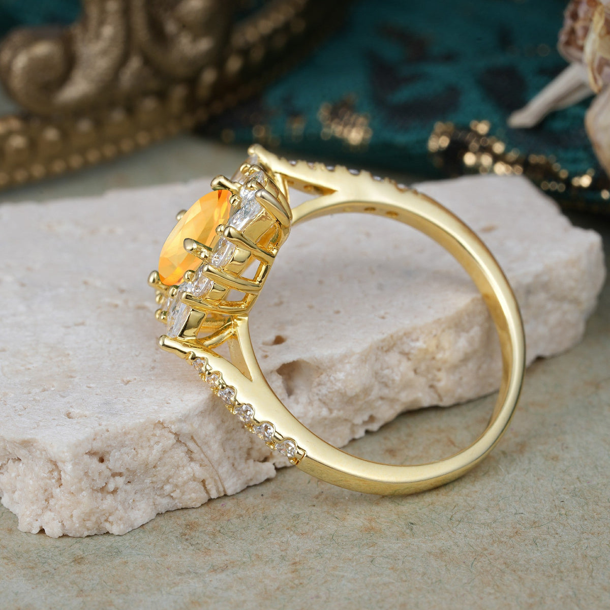 Luxury Oval Cut Halo Pavé Citrine Engagement Ring