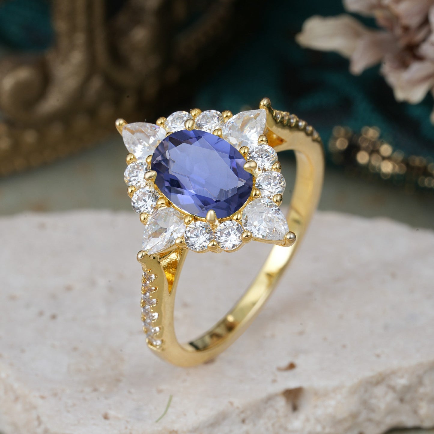Luxury Oval Cut Halo Pavé Tanzanite Engagement Ring