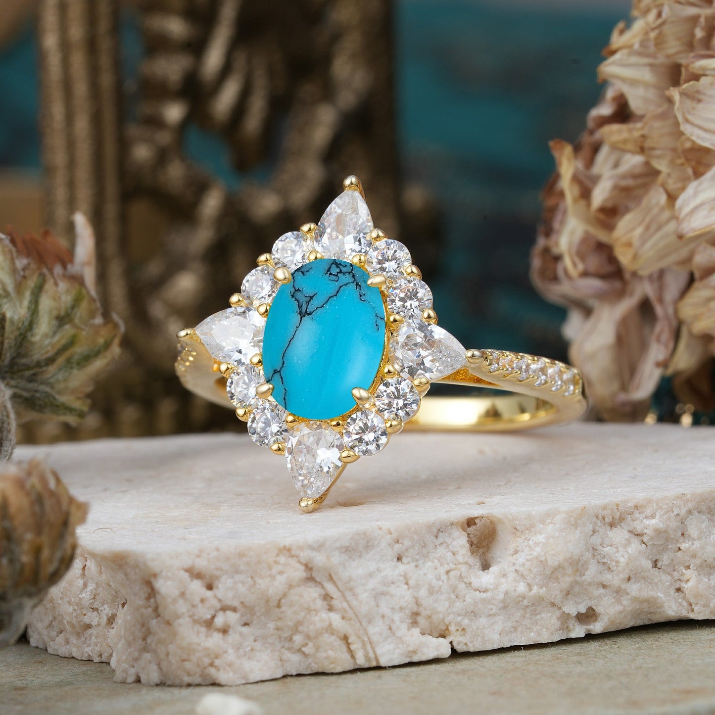 Luxury Oval Cut Halo Pavé Turquoise Engagement Ring