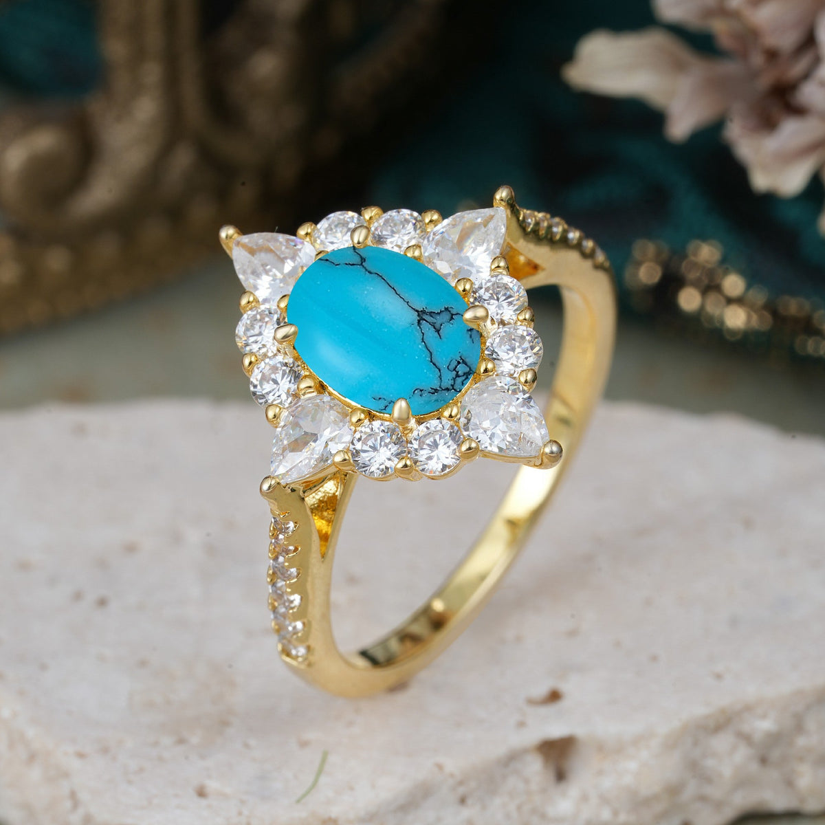 Luxury Oval Cut Halo Pavé Turquoise Engagement Ring