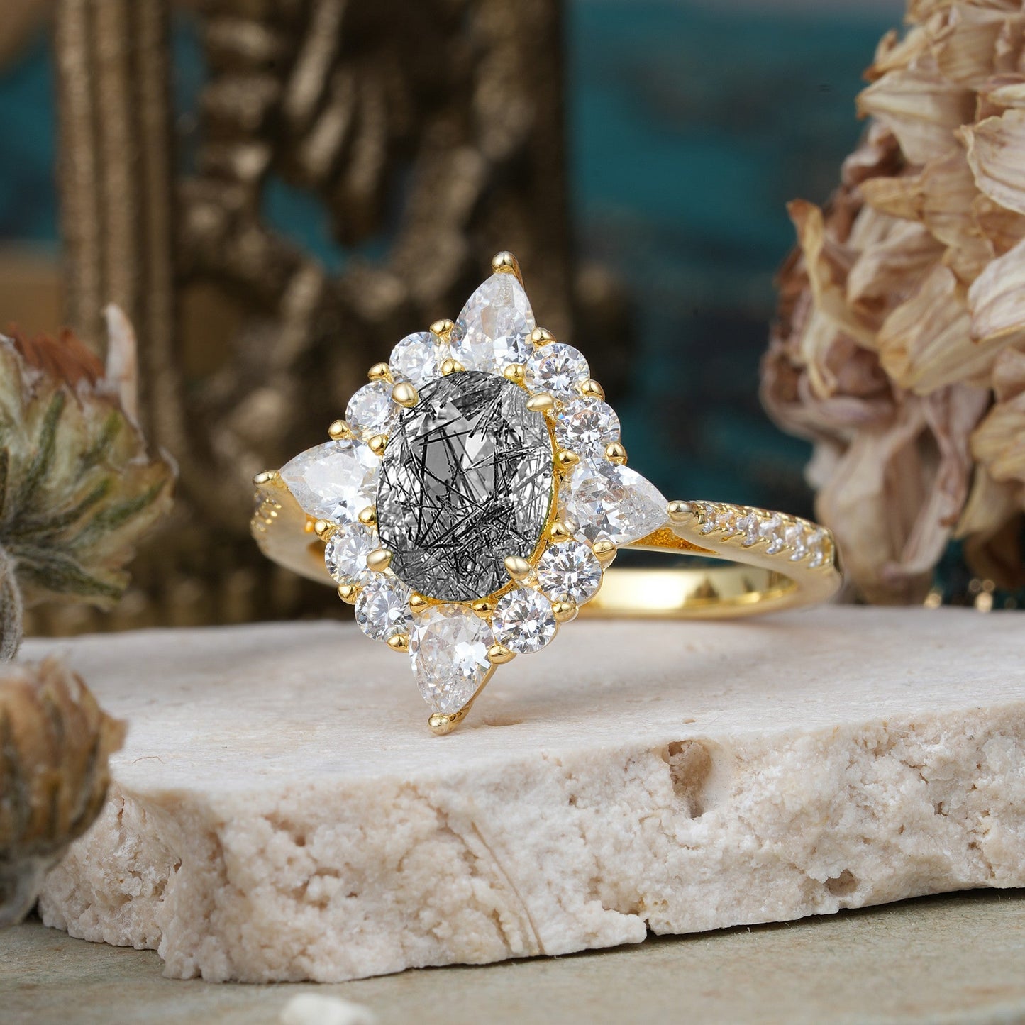 Luxury Oval Cut Halo Pavé Black Rutilated Quartz Engagement Ring