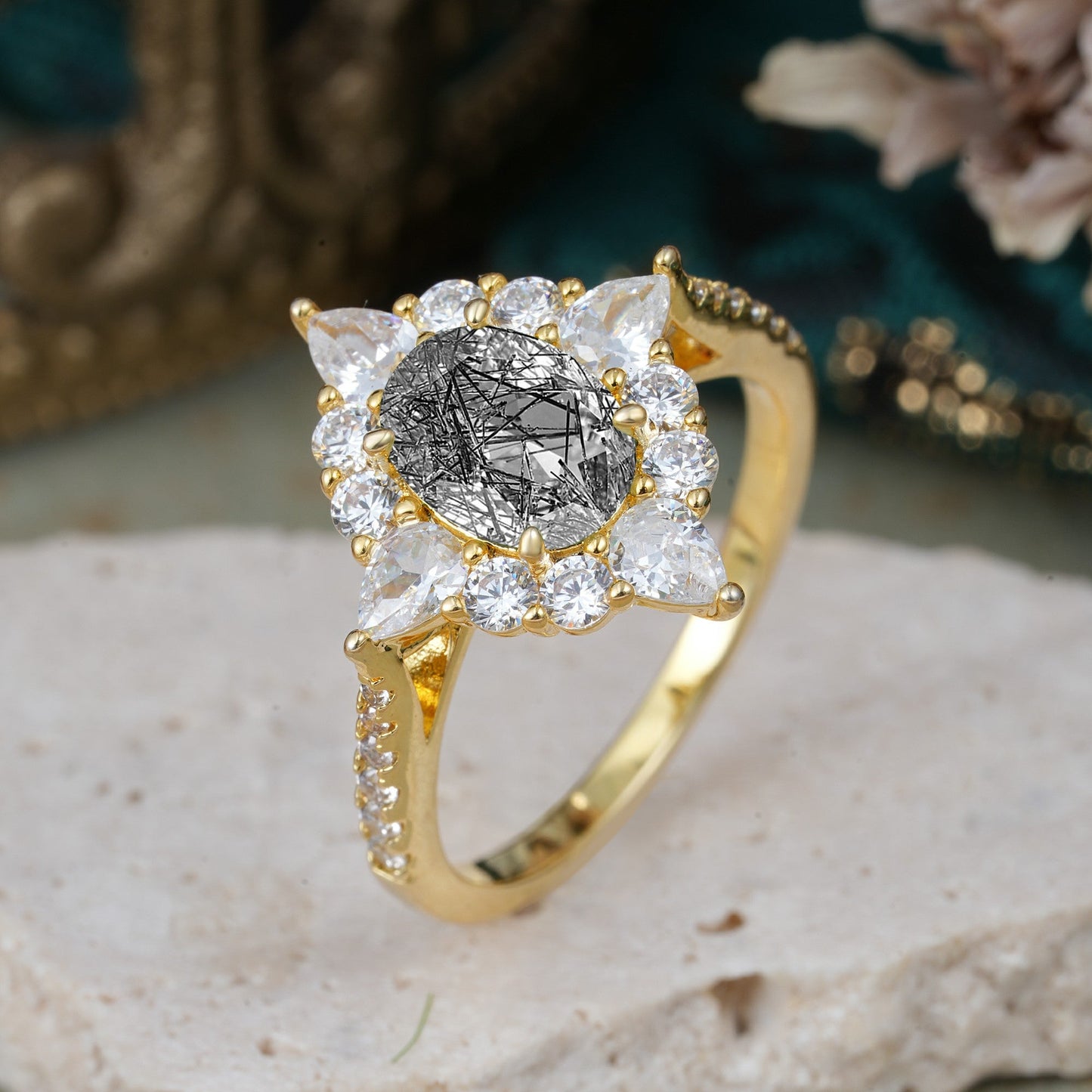 Luxury Oval Cut Halo Pavé Black Rutilated Quartz Engagement Ring