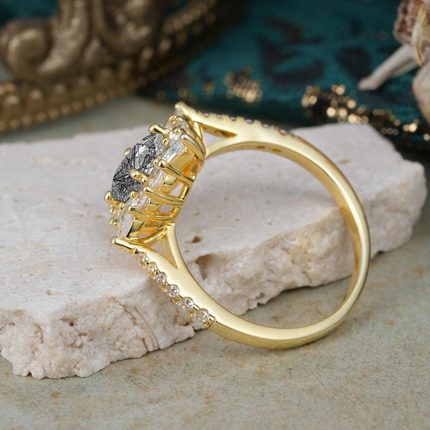 Luxury Oval Cut Halo Pavé Black Rutilated Quartz Engagement Ring