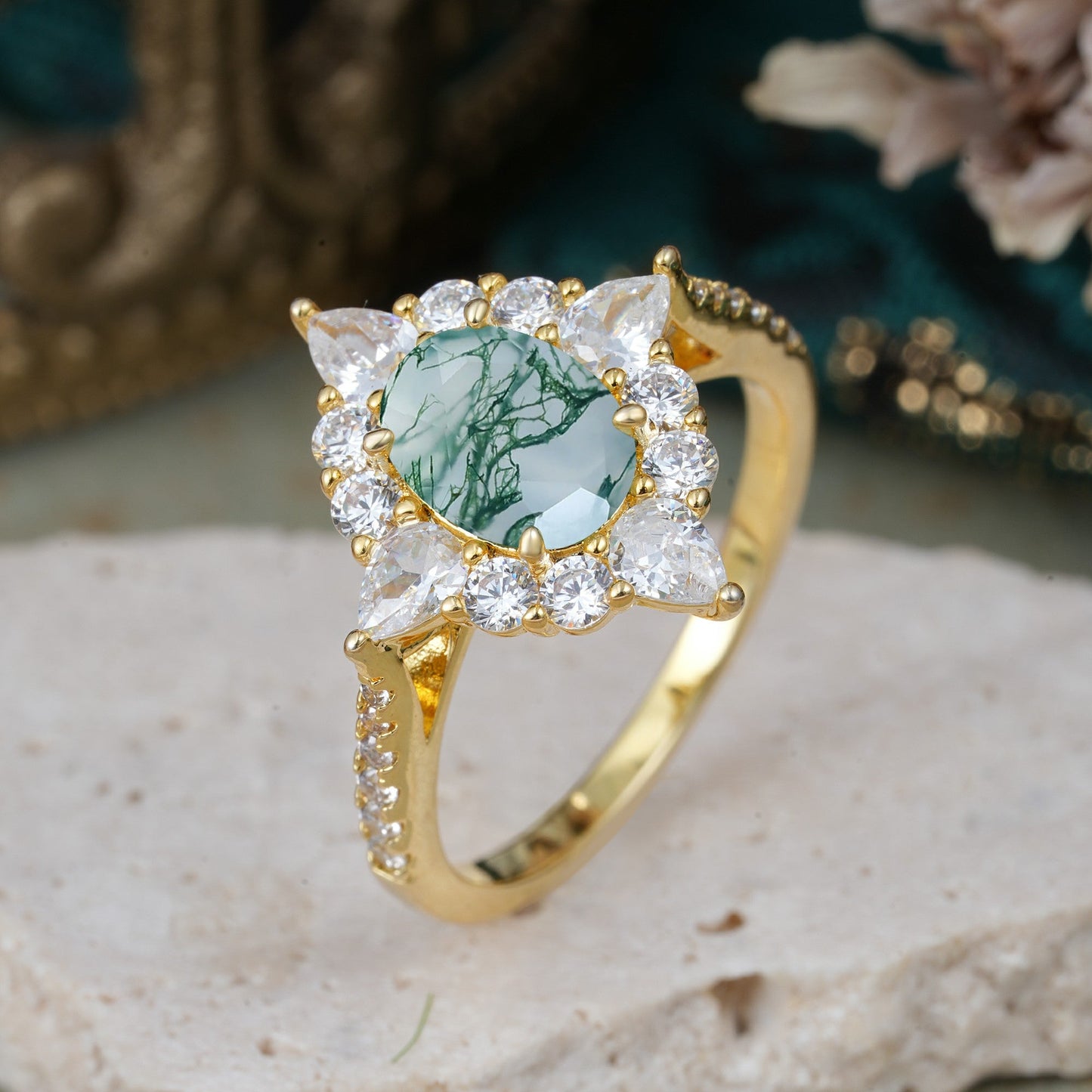 Luxury Oval Cut Halo Pavé Moss Agate Engagement Ring