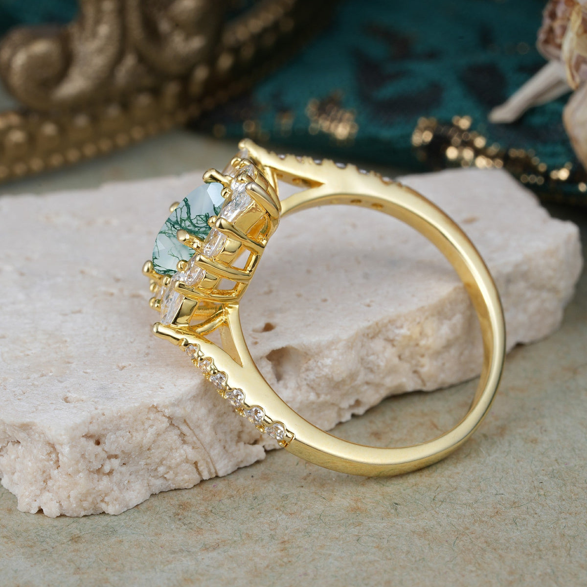 Luxury Oval Cut Halo Pavé Moss Agate Engagement Ring