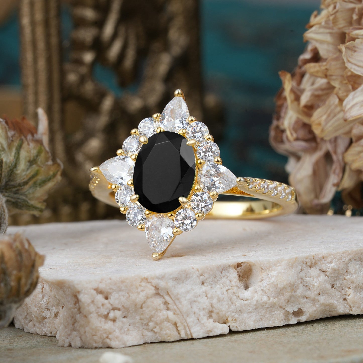 Luxury Oval Cut Halo Pavé Black Onyx Engagement Ring
