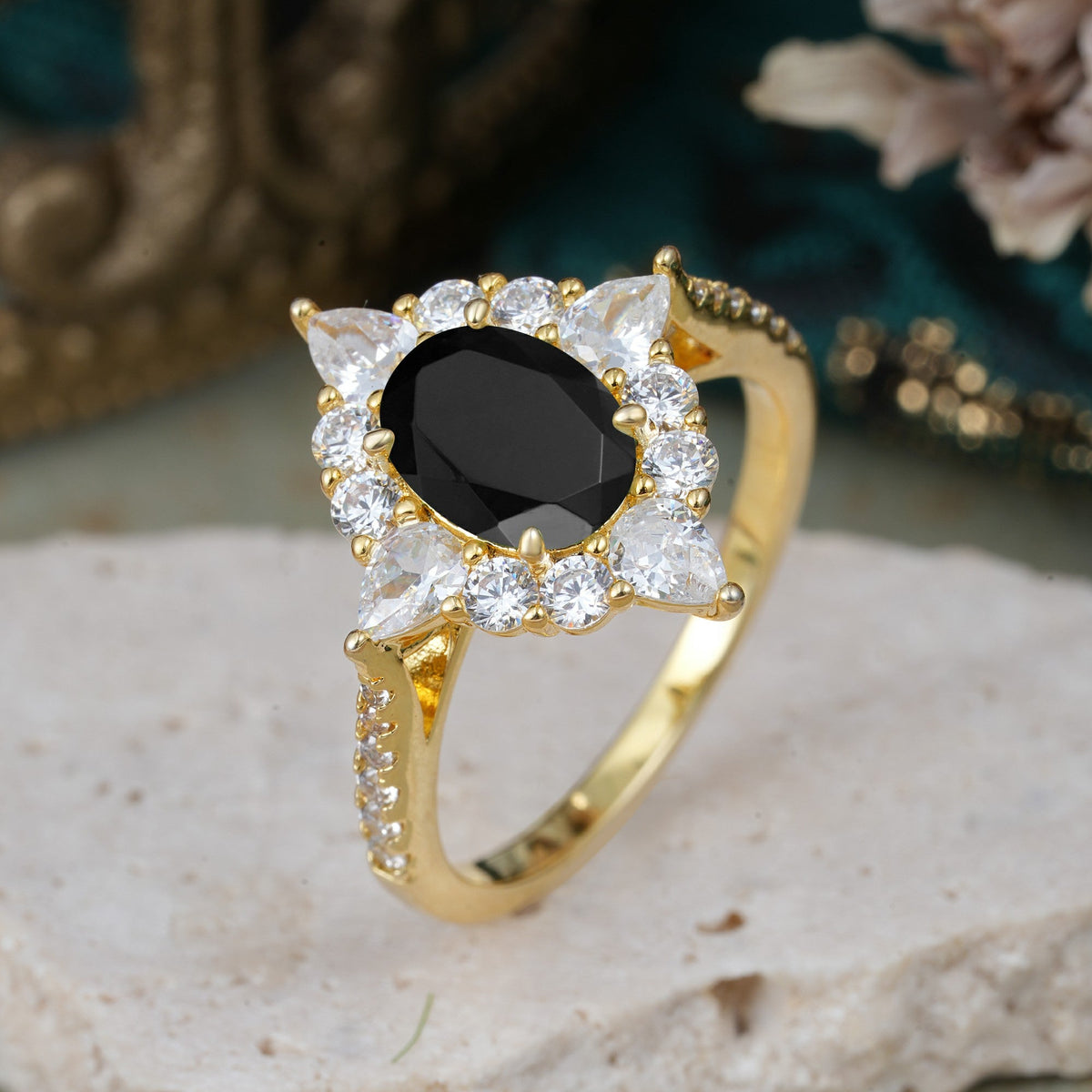 Luxury Oval Cut Halo Pavé Black Onyx Engagement Ring