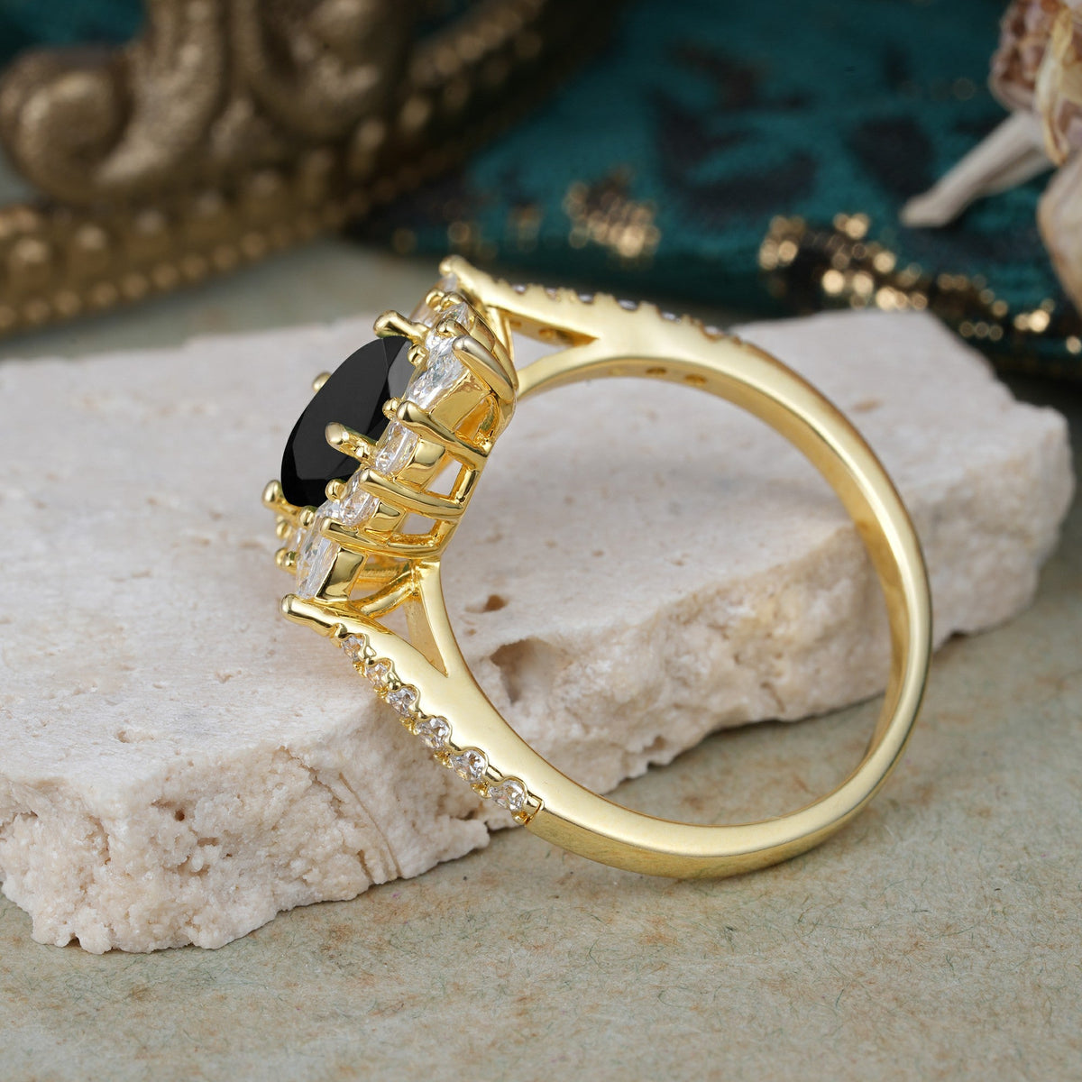 Luxury Oval Cut Halo Pavé Black Onyx Engagement Ring