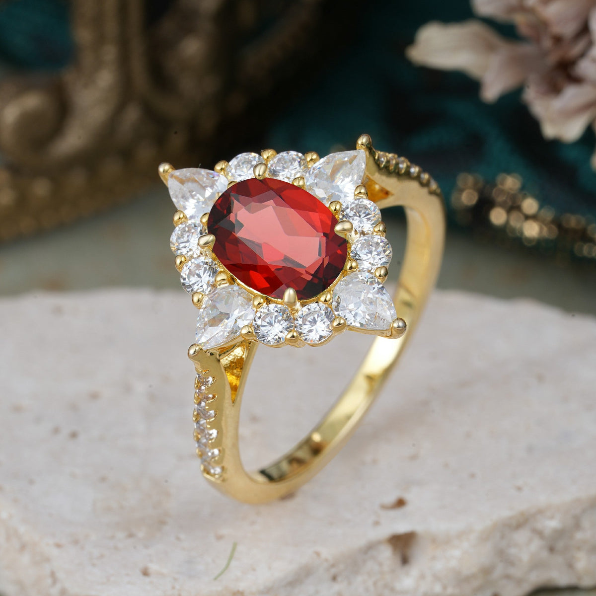 Luxury Oval Cut Halo Pavé Garnet Engagement Ring