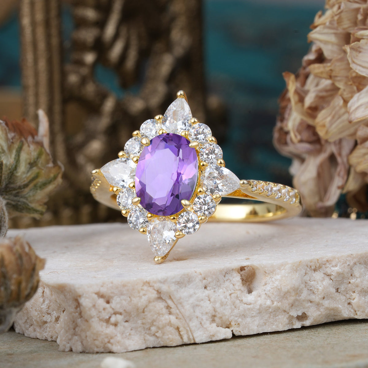 Luxury Oval Cut Halo Pavé Amethyst Engagement Ring