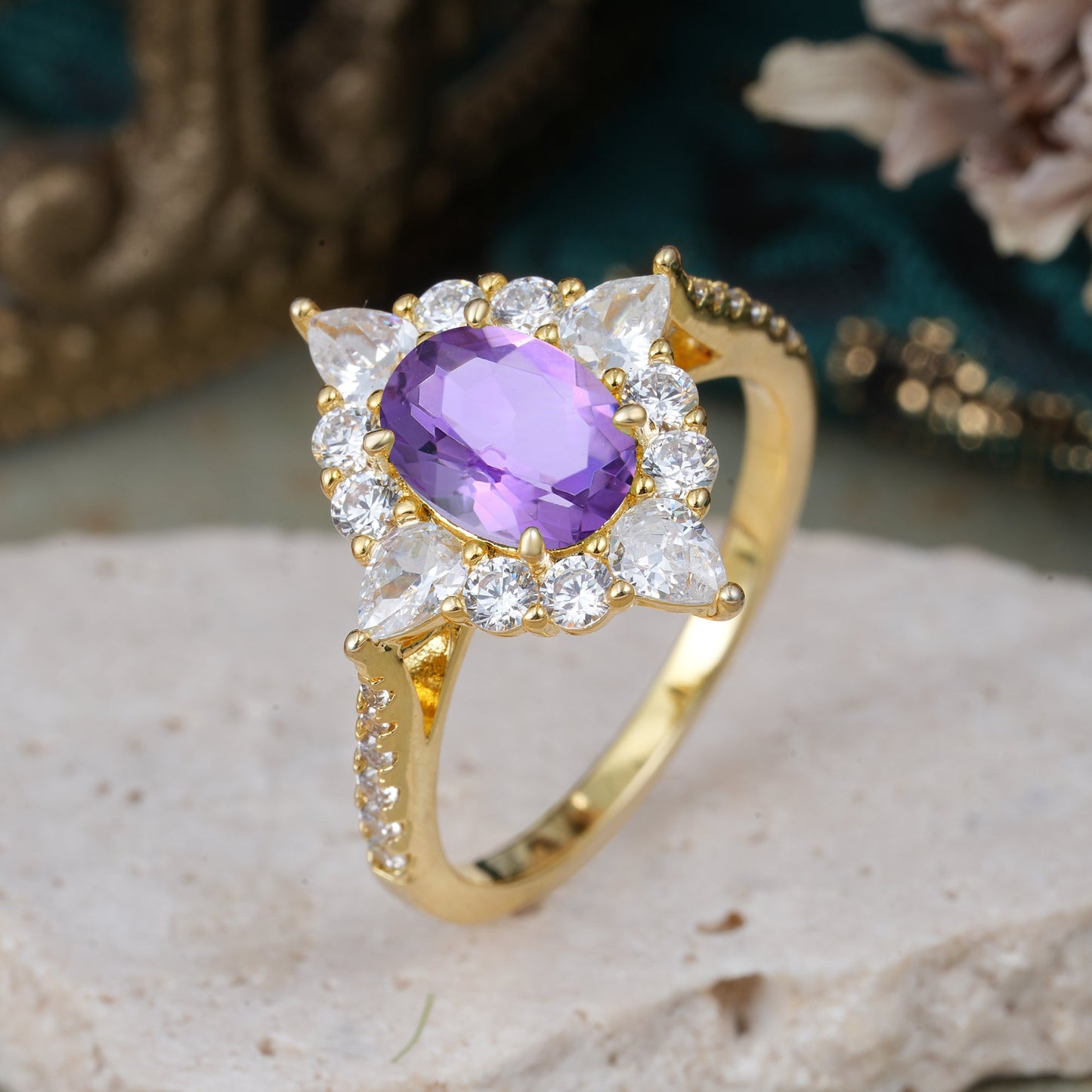 Luxury Oval Cut Halo Pavé Amethyst Engagement Ring