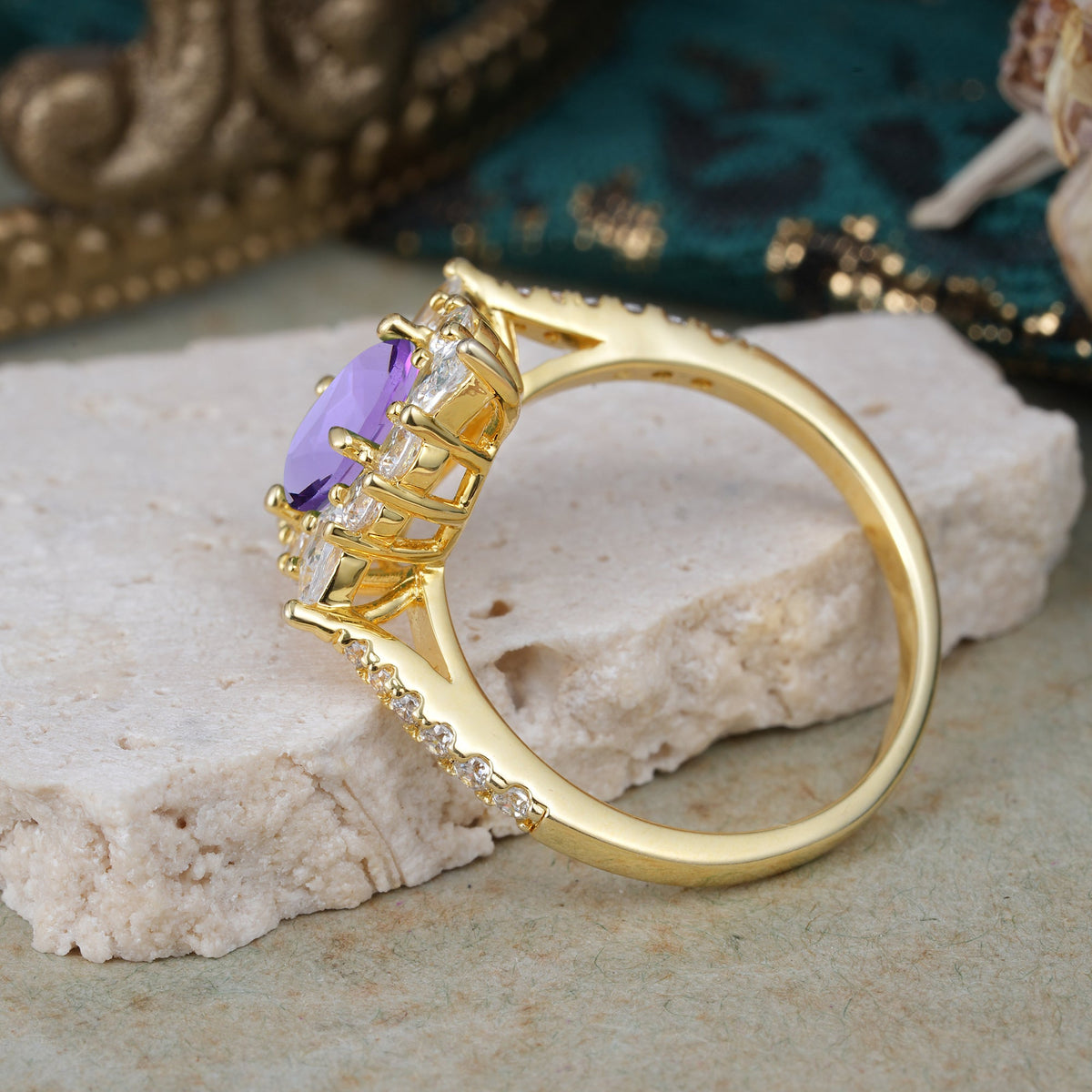 Luxury Oval Cut Halo Pavé Amethyst Engagement Ring