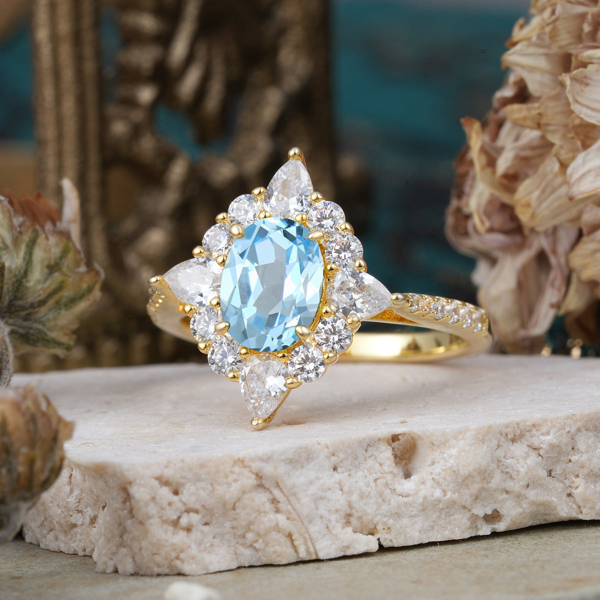 Luxury Oval Cut Halo Pavé Aquamarine Engagement Ring