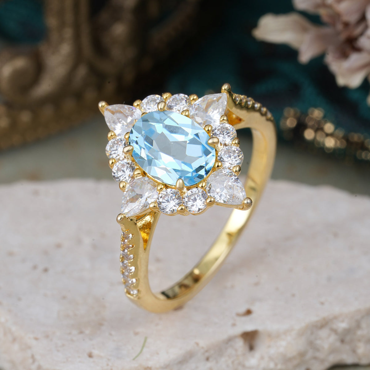 Luxury Oval Cut Halo Pavé Aquamarine Engagement Ring