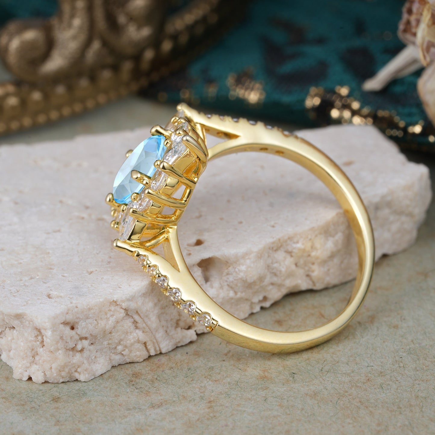 Luxury Oval Cut Halo Pavé Aquamarine Engagement Ring