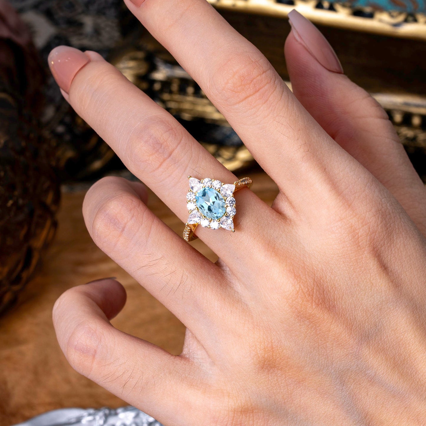 Luxury Oval Cut Halo Pavé Aquamarine Engagement Ring