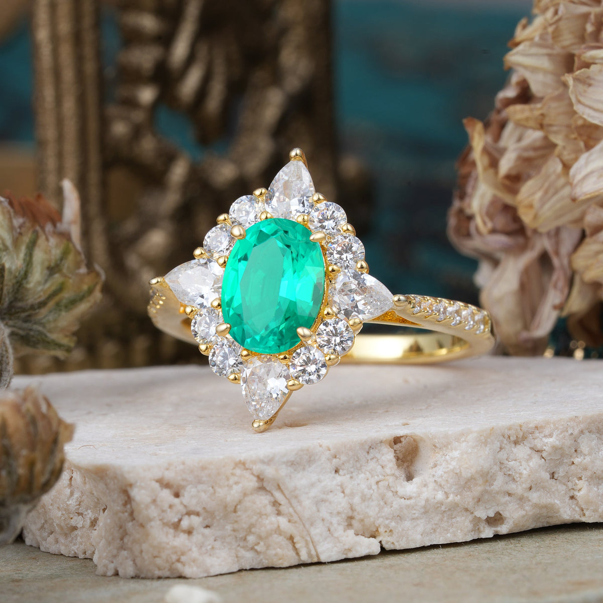 Luxury Oval Cut Halo Pavé Emerald Engagement Ring