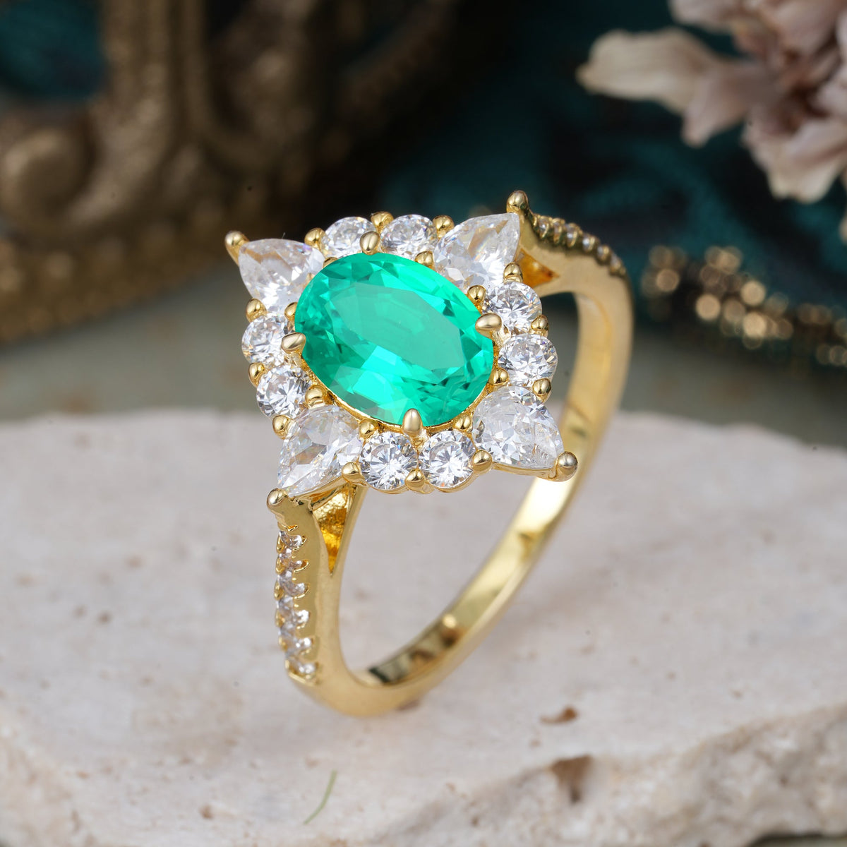 Luxury Oval Cut Halo Pavé Emerald Engagement Ring