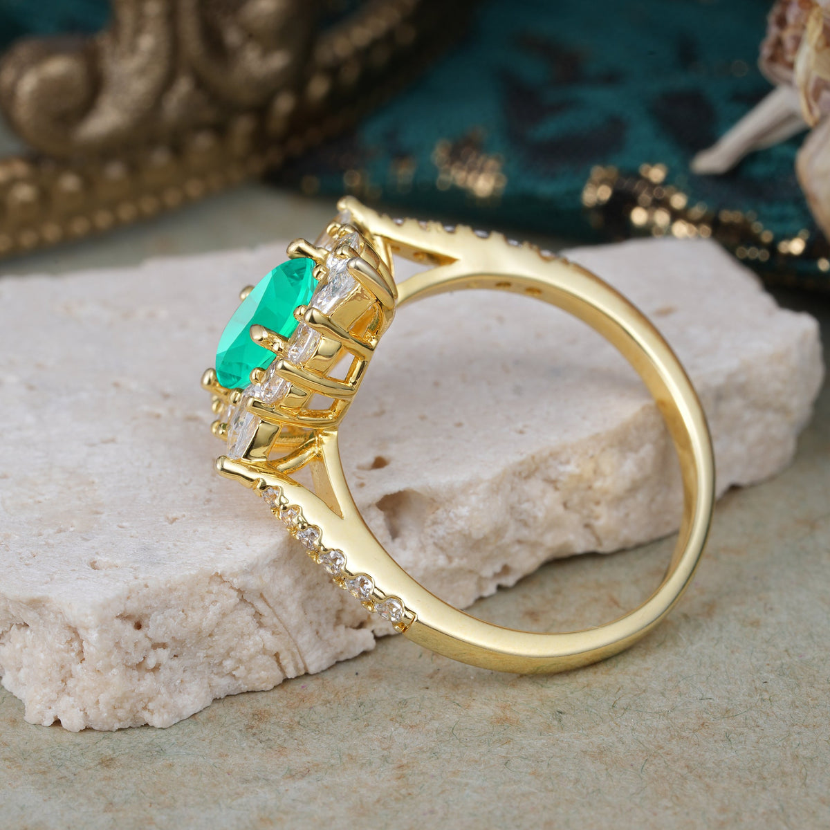 Luxury Oval Cut Halo Pavé Emerald Engagement Ring