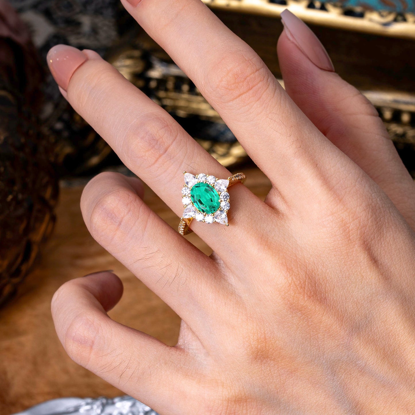Luxury Oval Cut Halo Pavé Emerald Engagement Ring