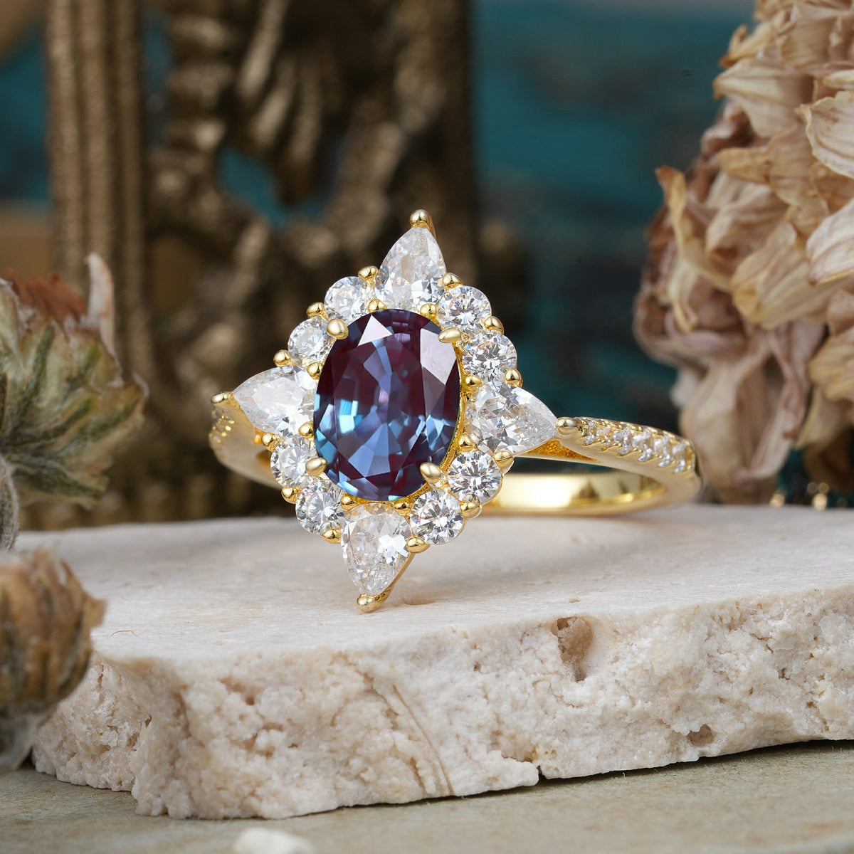 Luxury Oval Cut Halo Pavé Alexandrite Engagement Ring