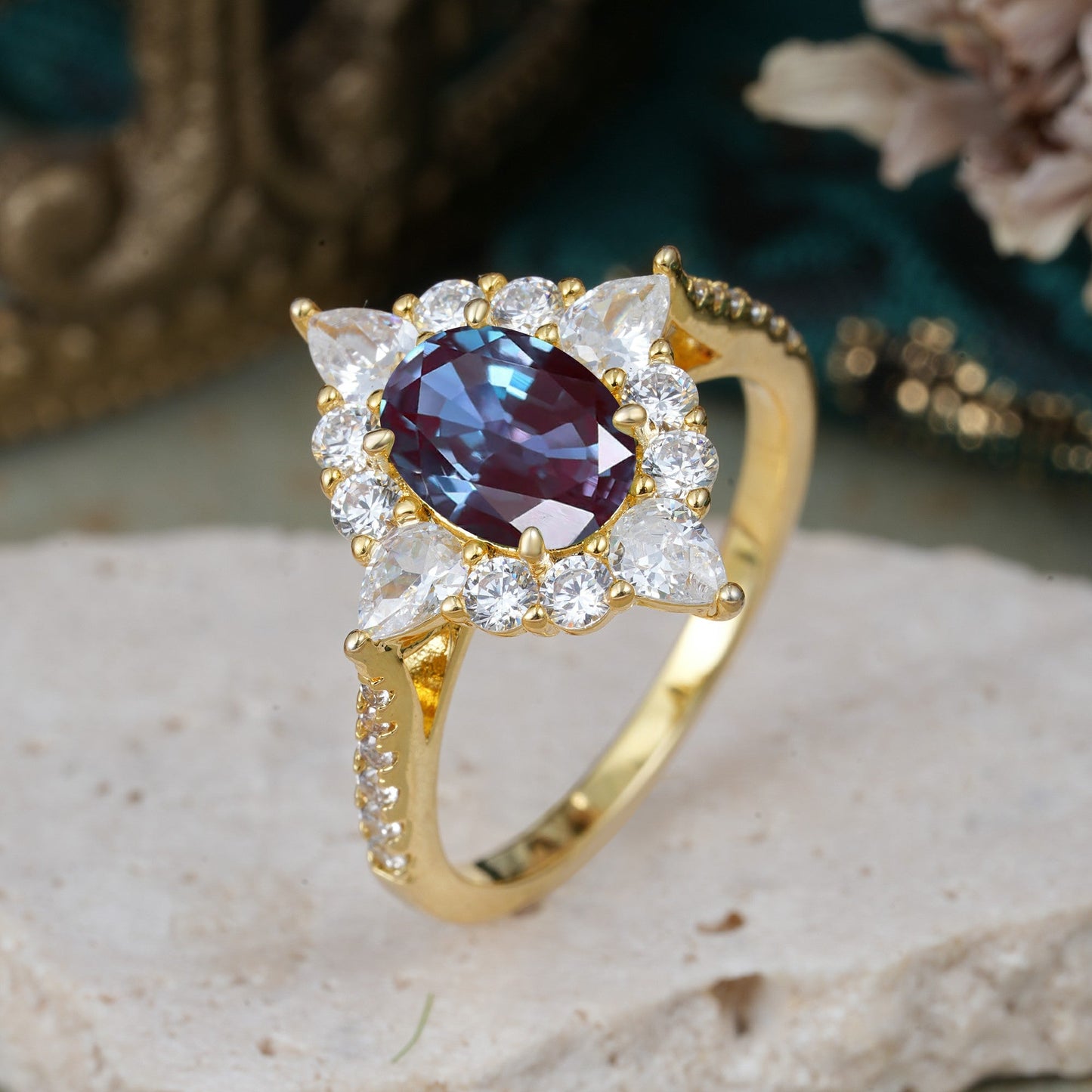 Luxury Oval Cut Halo Pavé Alexandrite Engagement Ring