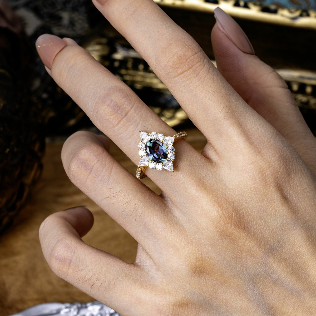 Luxury Oval Cut Halo Pavé Alexandrite Engagement Ring