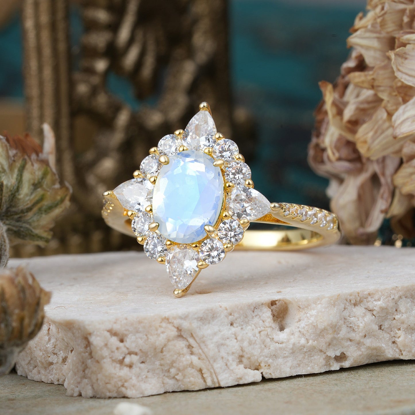 Luxury Oval Cut Halo Pavé Moonstone Engagement Ring
