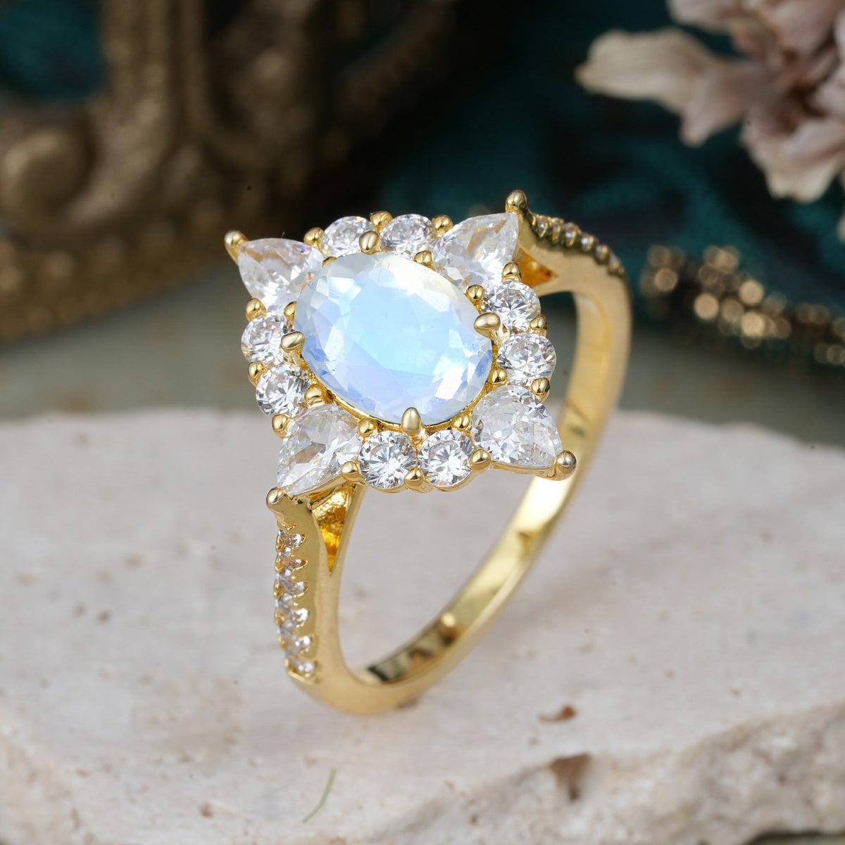 Luxury Oval Cut Halo Pavé Moonstone Engagement Ring