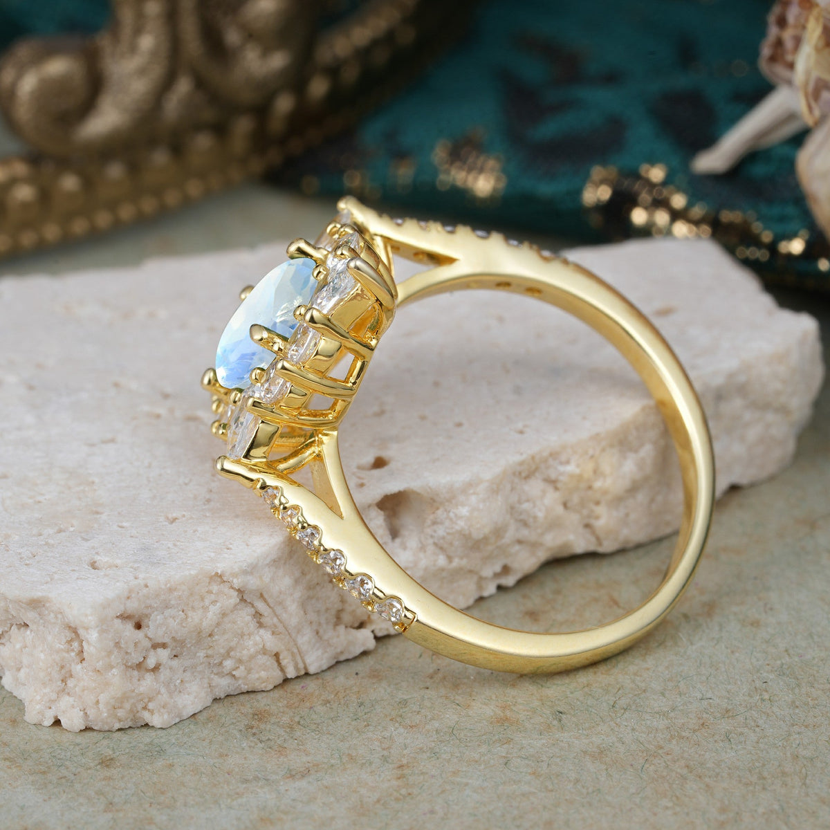 Luxury Oval Cut Halo Pavé Moonstone Engagement Ring