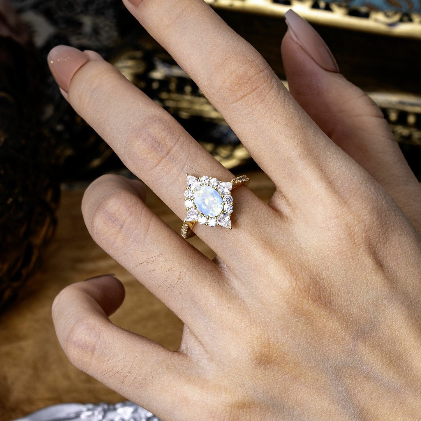 Luxury Oval Cut Halo Pavé Moonstone Engagement Ring