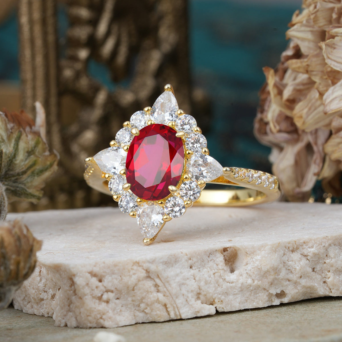 Luxury Oval Cut Halo Pavé Ruby Engagement Ring