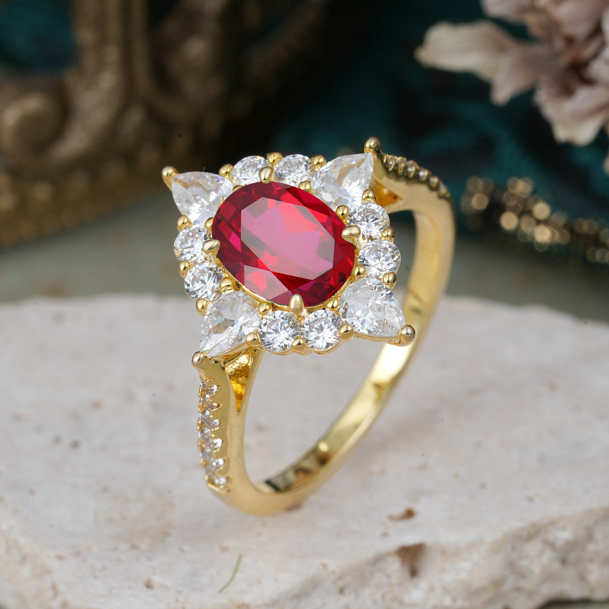 Luxury Oval Cut Halo Pavé Ruby Engagement Ring