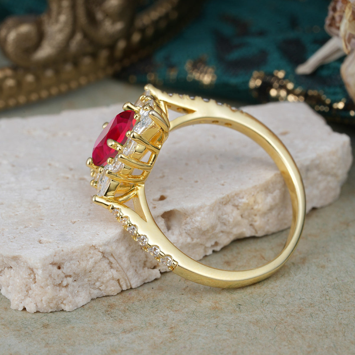 Luxury Oval Cut Halo Pavé Ruby Engagement Ring