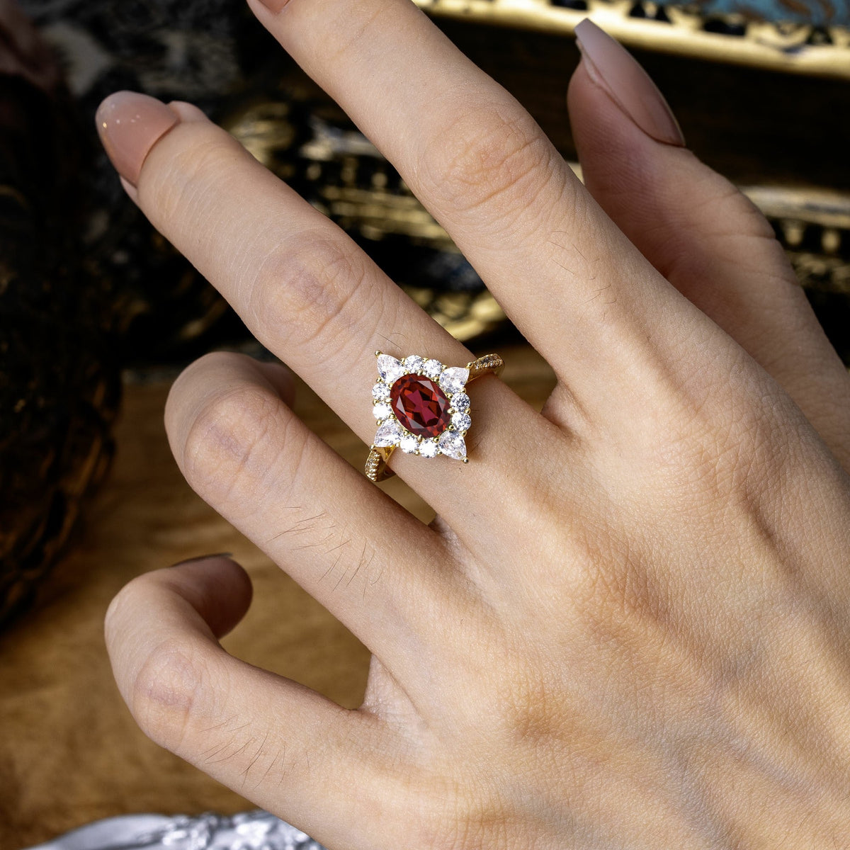 Luxury Oval Cut Halo Pavé Ruby Engagement Ring