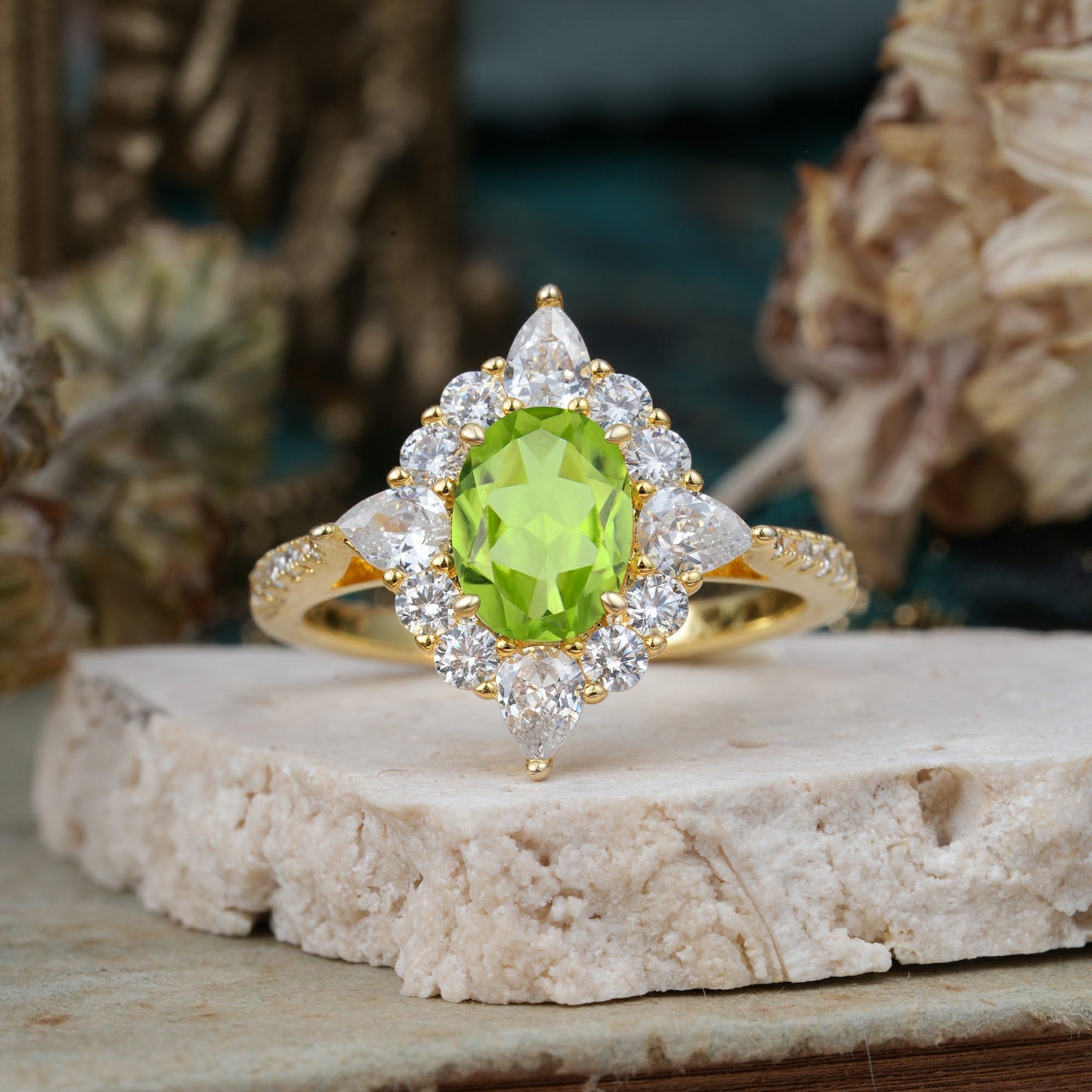 Luxury Oval Cut Halo Pavé Peridot Engagement Ring