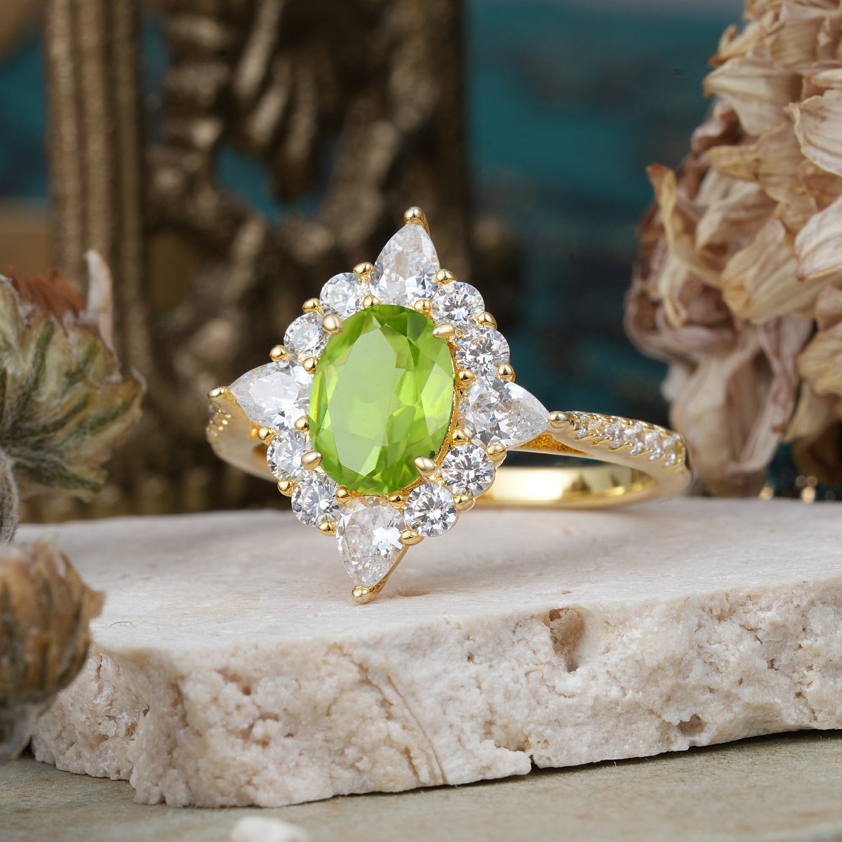 Luxury Oval Cut Halo Pavé Peridot Engagement Ring