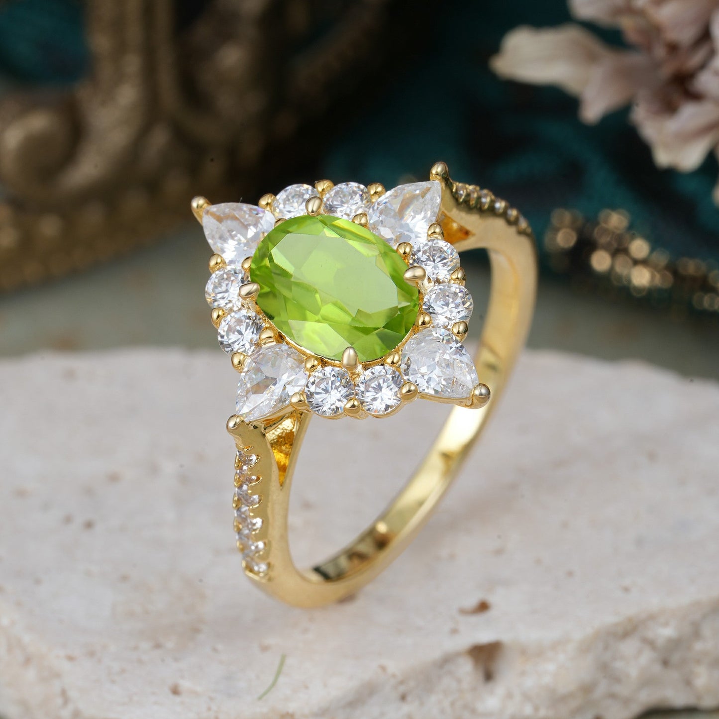 Luxury Oval Cut Halo Pavé Peridot Engagement Ring