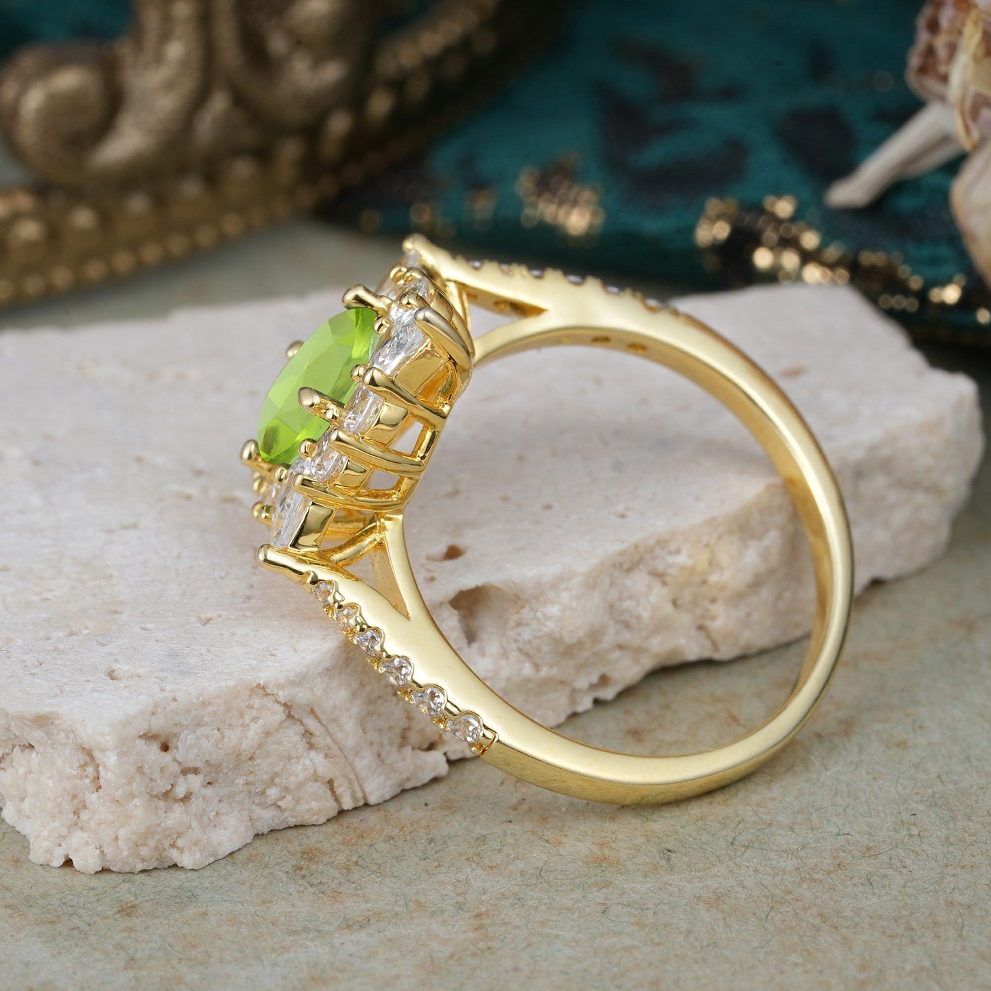 Luxury Oval Cut Halo Pavé Peridot Engagement Ring