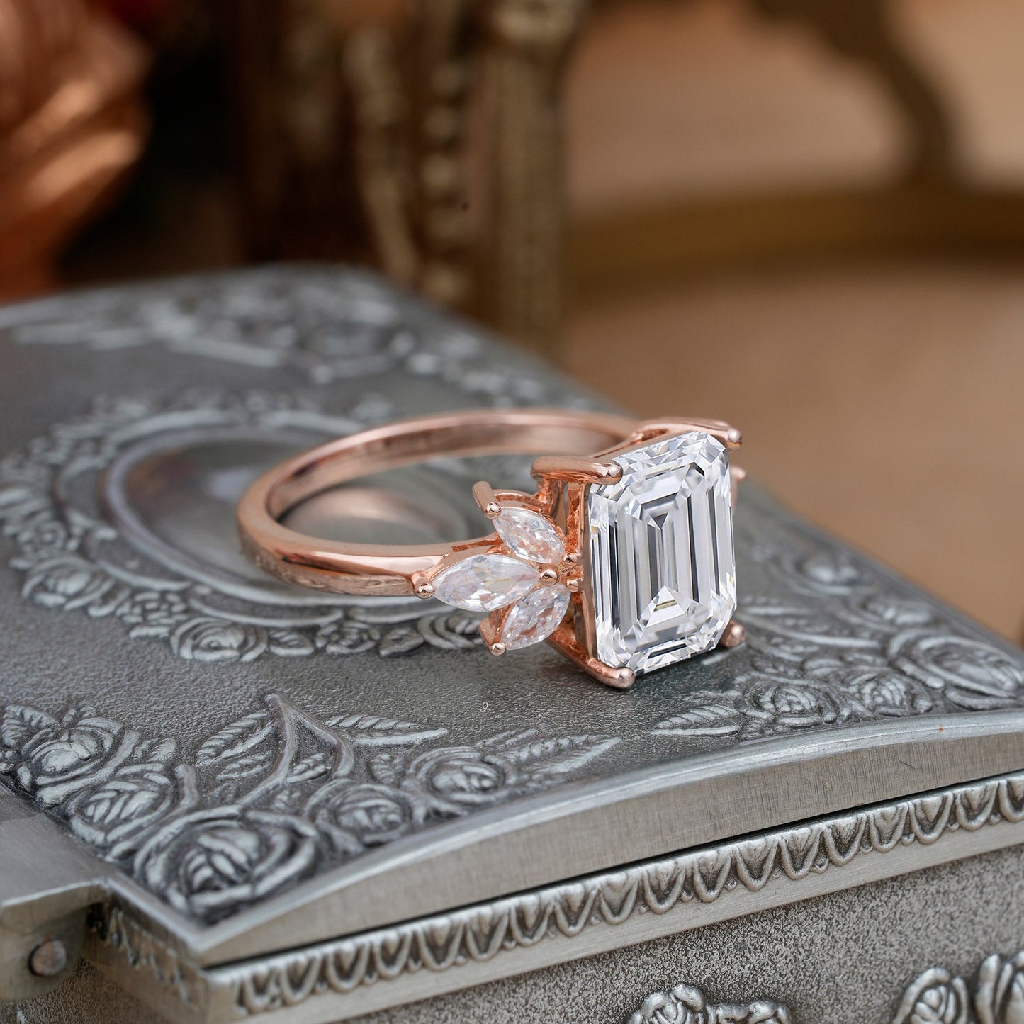 4CT Emerald Cut Lab Diamond Vintage 4 Prong Engagement Ring with Marquise Cluster