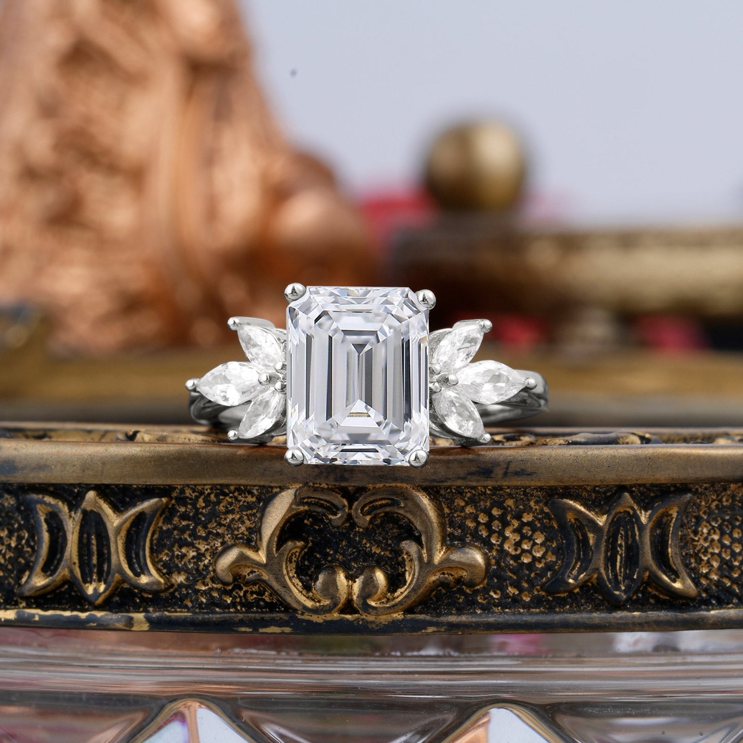 4CT Emerald Cut Lab Diamond Vintage 4 Prong Engagement Ring with Marquise Cluster