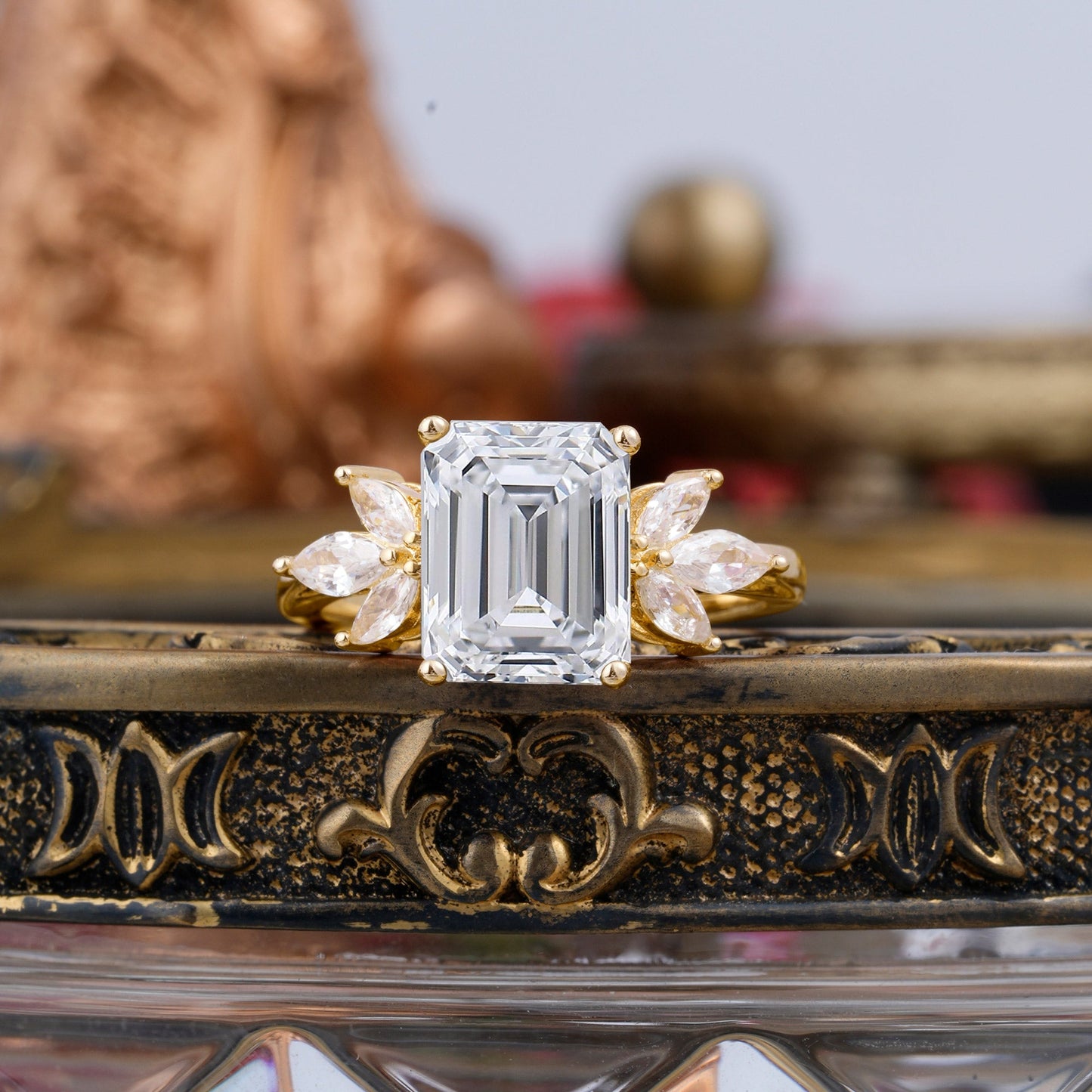4CT Emerald Cut Lab Diamond Vintage 4 Prong Engagement Ring with Marquise Cluster
