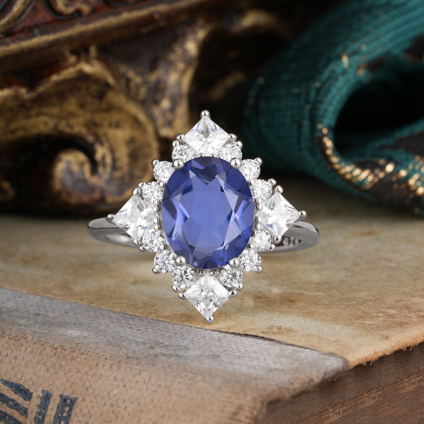 3CT Oval Cut Tanzanite Halo Engagement Ring for Women