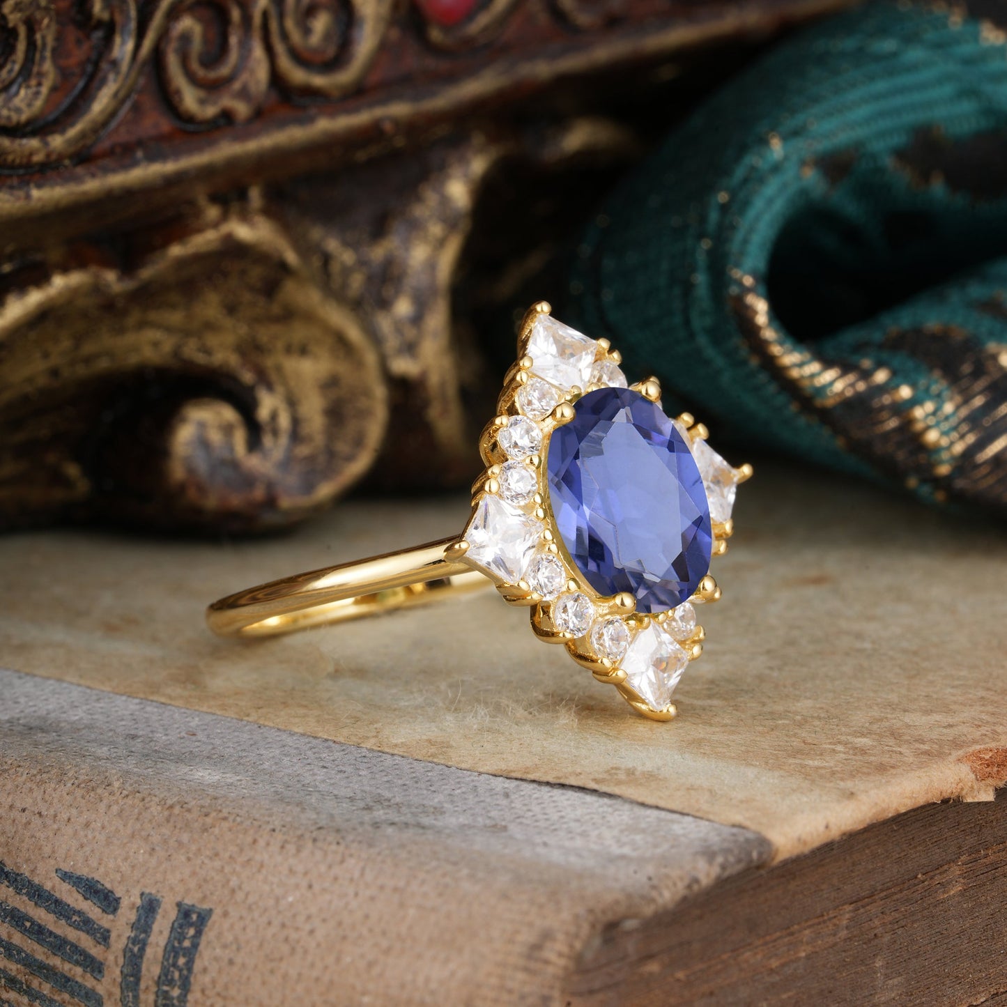 3CT Oval Cut Tanzanite Halo Engagement Ring for Women