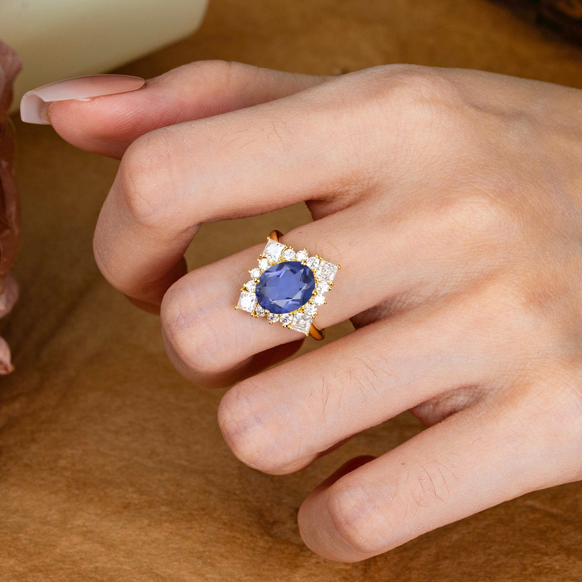 3CT Oval Cut Tanzanite Halo Engagement Ring for Women