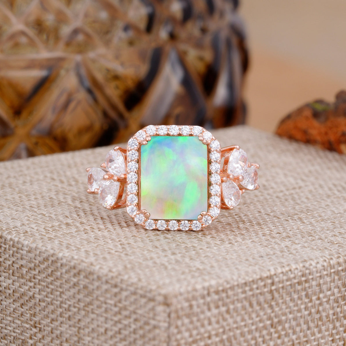 4CT Emerald Cut Fire Opal Engagement Ring Vintage Classic Side Stones Halo Bridal Ring