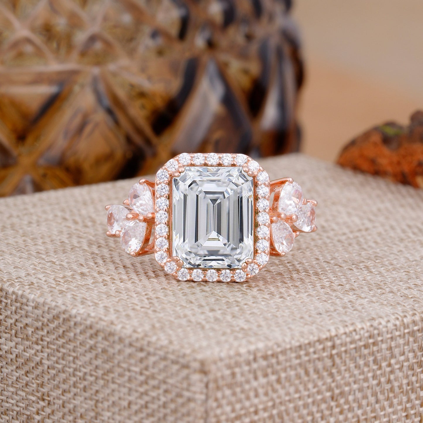 4CT Emerald Cut Lab Diamond Engagement Ring Vintage Classic Side Stones Halo Bridal Ring