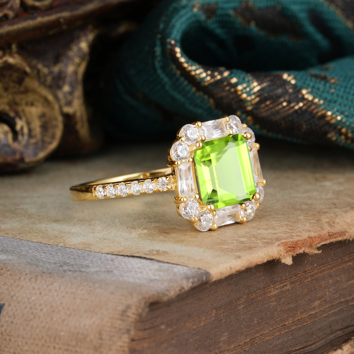 2.5CT Radiant Cut Peridot Cluster Engagement Ring